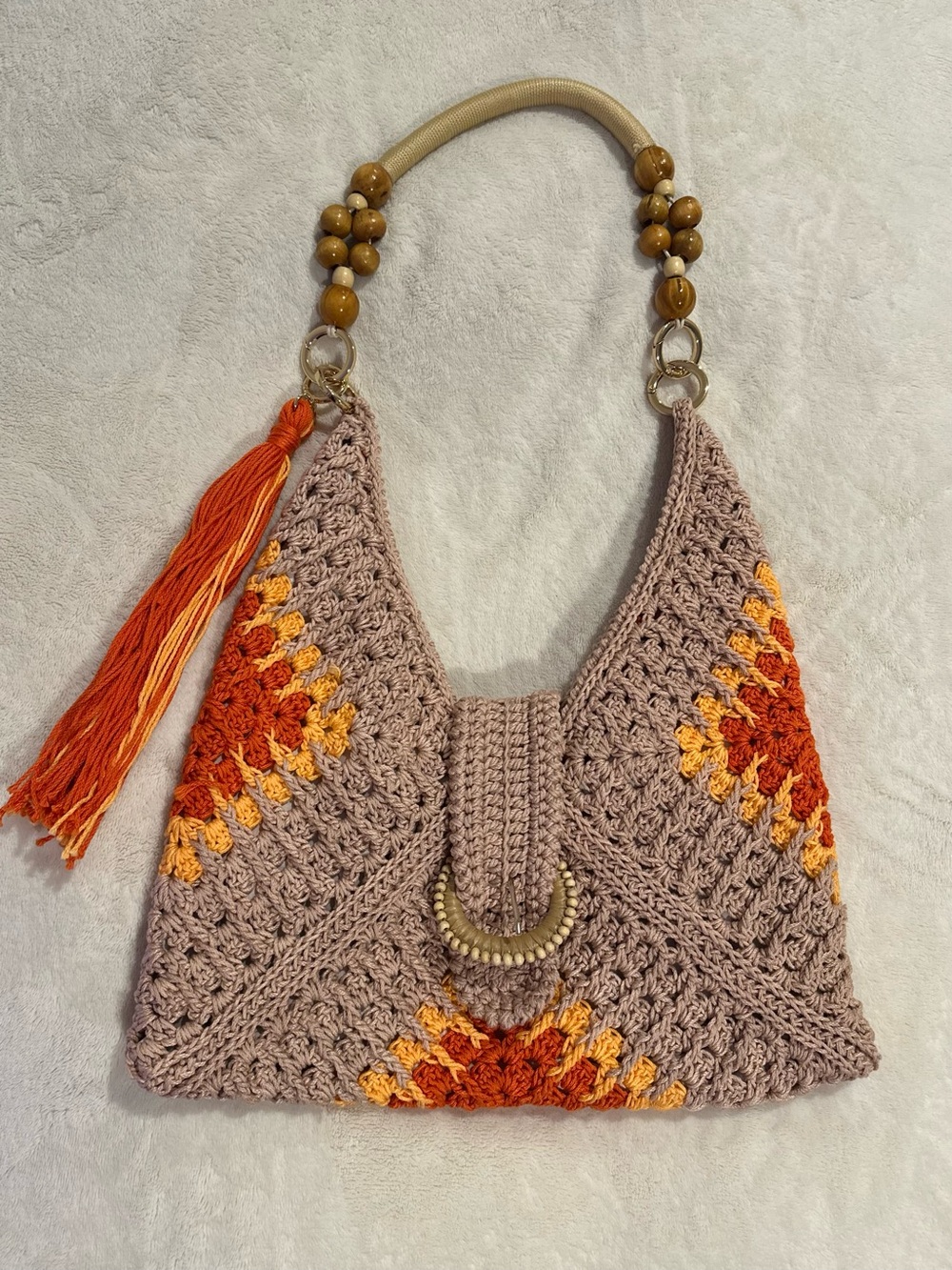 Handcrafted Crochet Shoulder Bag in Beige with Orange Accents